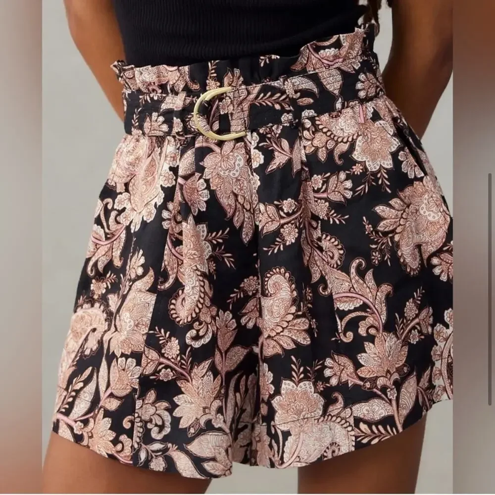 NWT Kivari Layla Black Paisley Linen High Waisted Paperbag Belted Shorts
